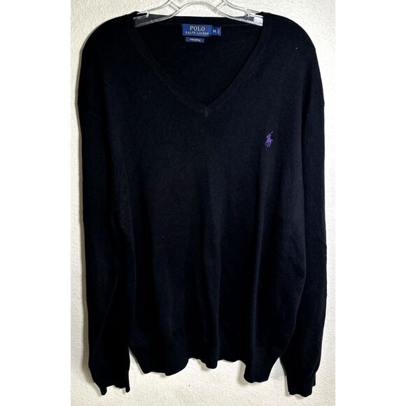 Polo Ralph Lauren Other - POLO Ralph Lauren Jumper Mens XXL Black Pima Cotton V Neck Casual‎ Purple Logo